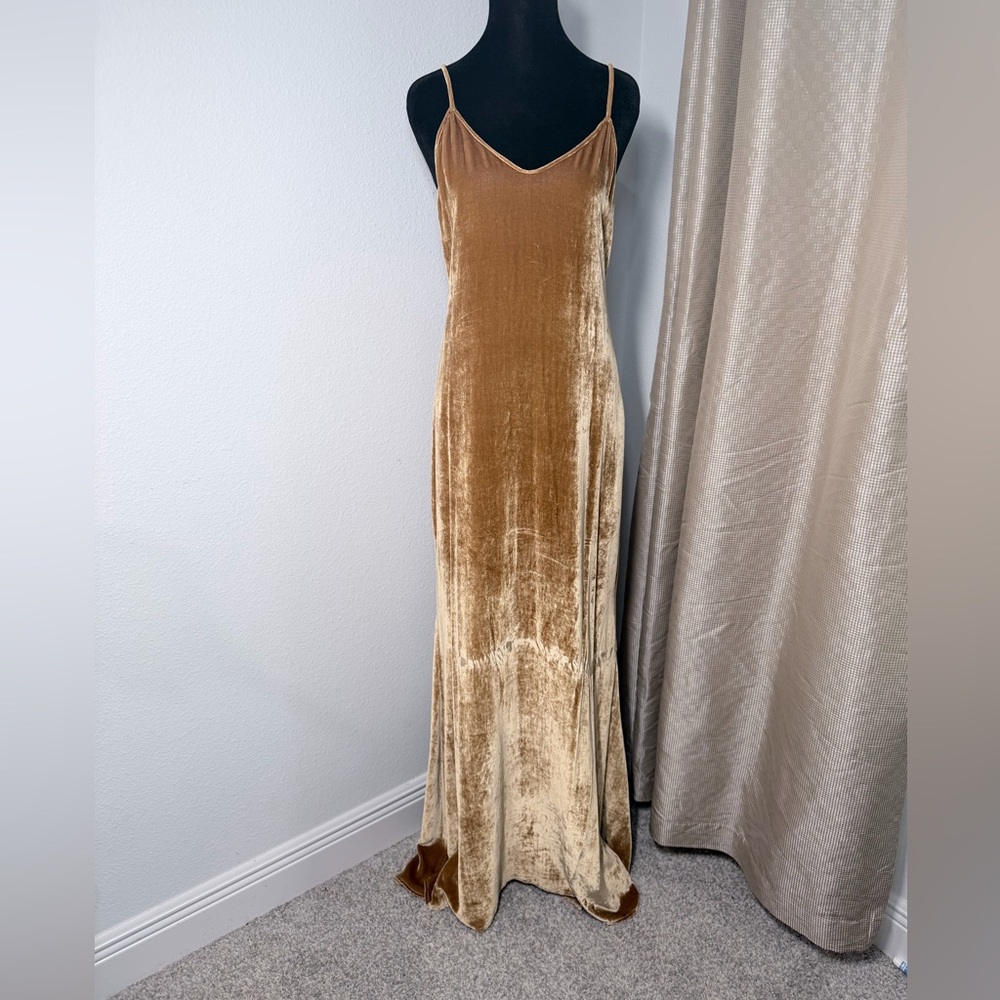 Reformation Rimini Dress Gold Velvet Silk Blend Full Length Gown